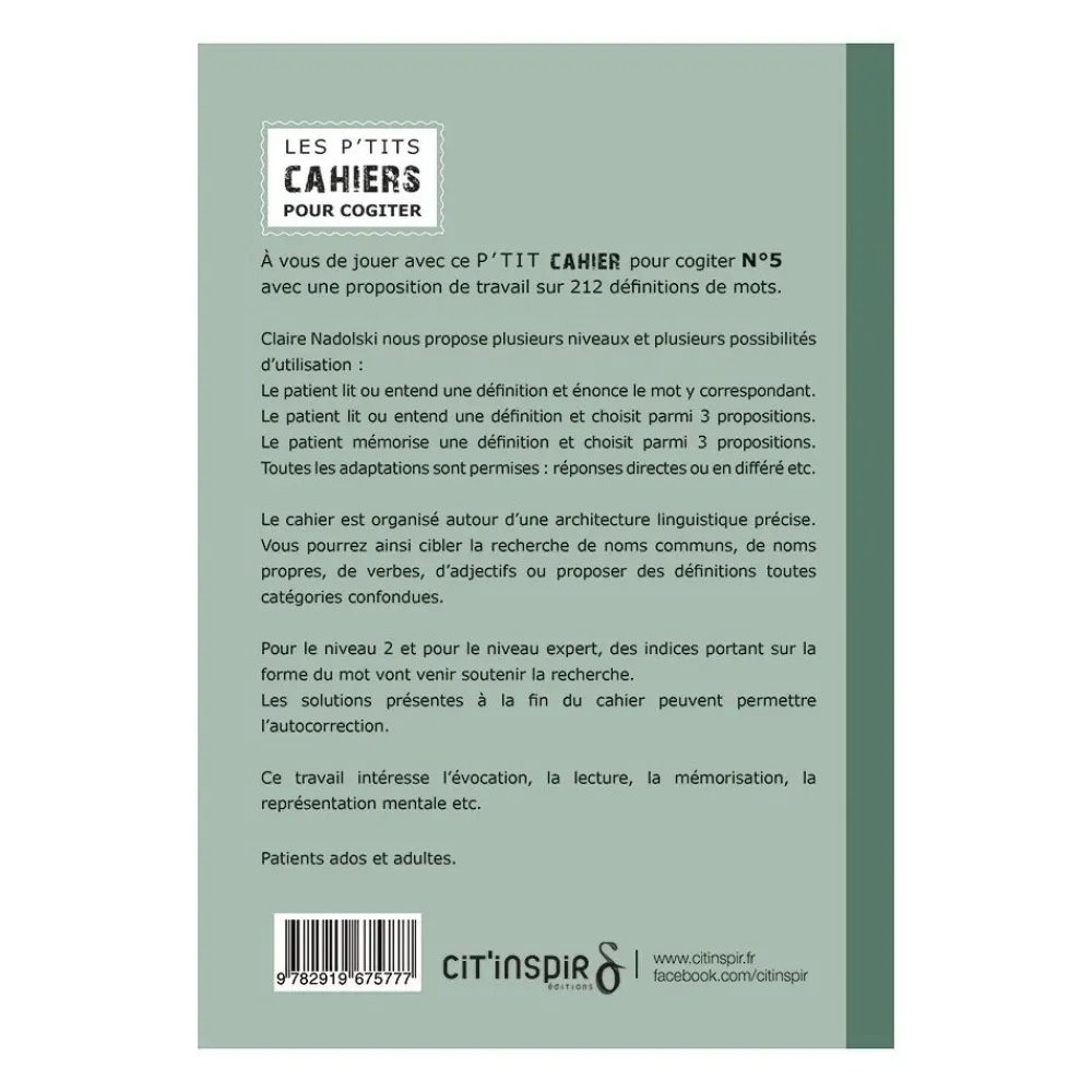 HOPTOYS ReÉducation Cognitive, Troubles Neurologiques<Les P'Tits Cahiers Pour Cogiter – N°5 Definitions En Rafale